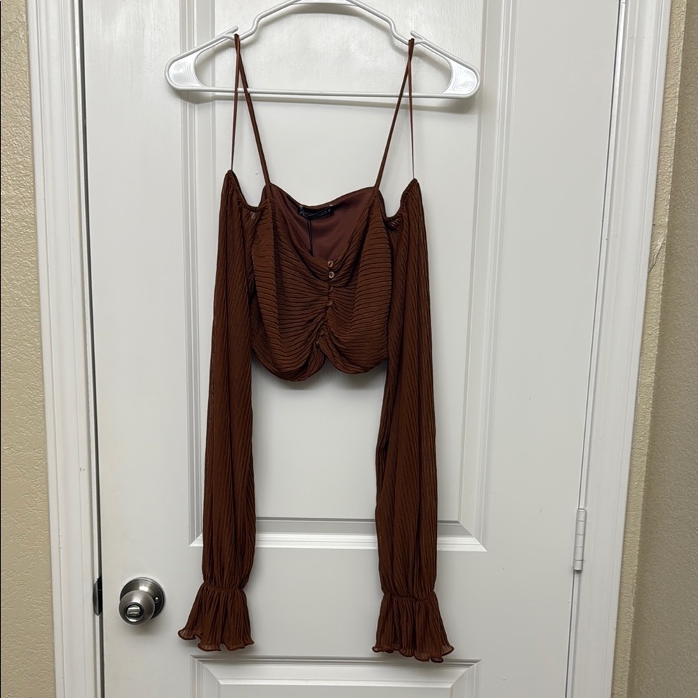 Zara Brown Bell Sleeve Ruched Crop Blouse